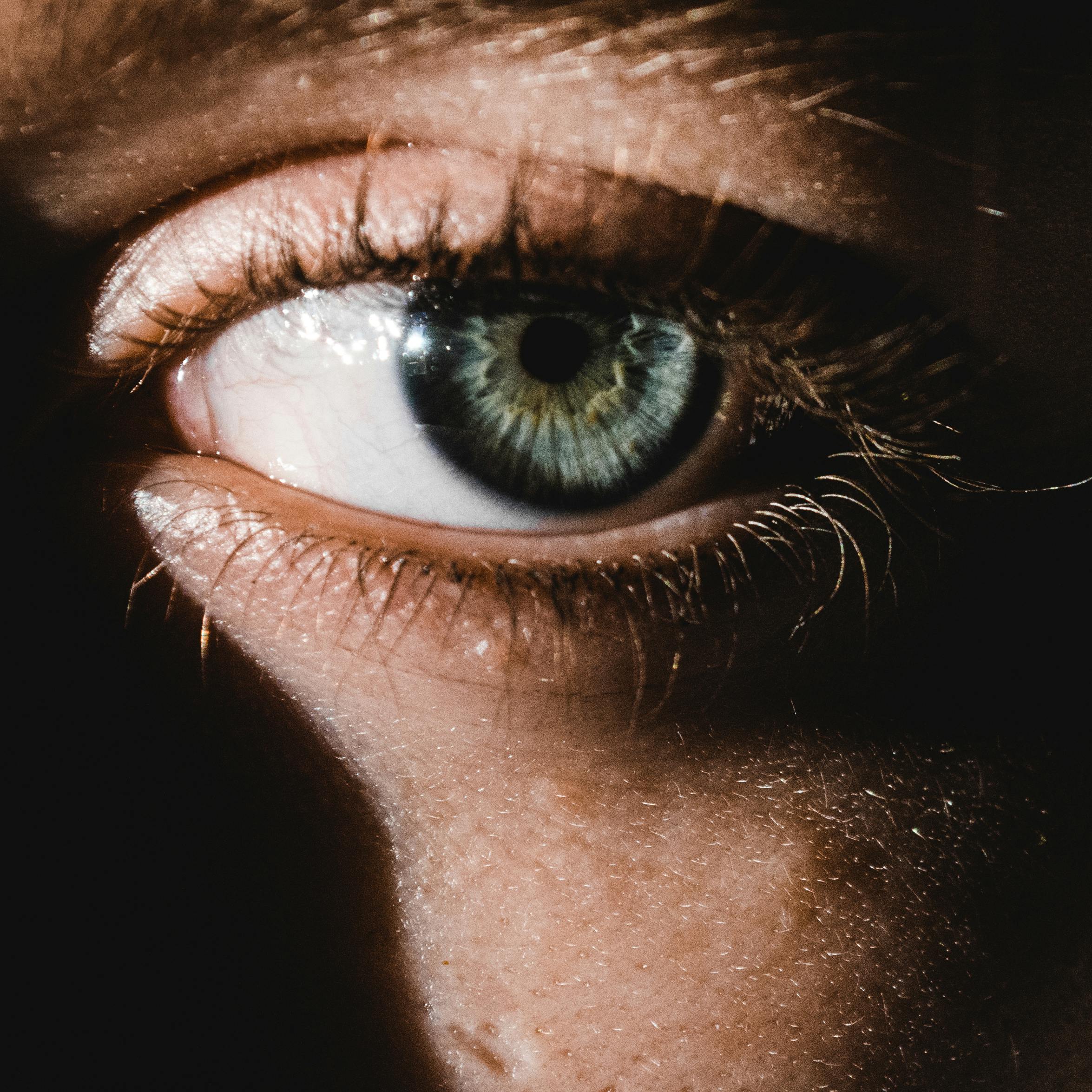 Intimate close-up of a human eye with dramatic lighting, highlighting the iris and eyelashes.